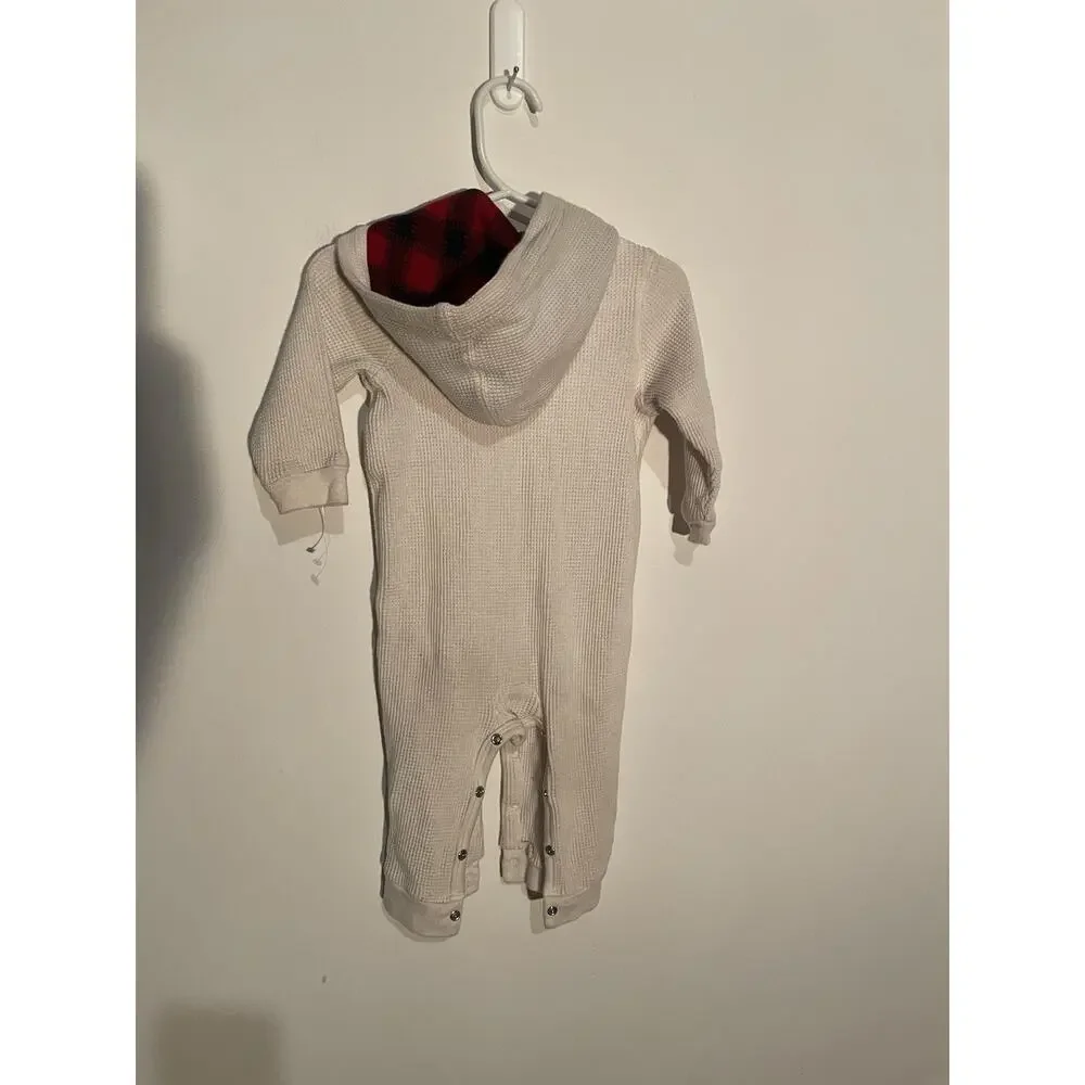 Ralph Lauren Cream Waffle‎ Jumpsuit 9 Month With Plaid Hood
